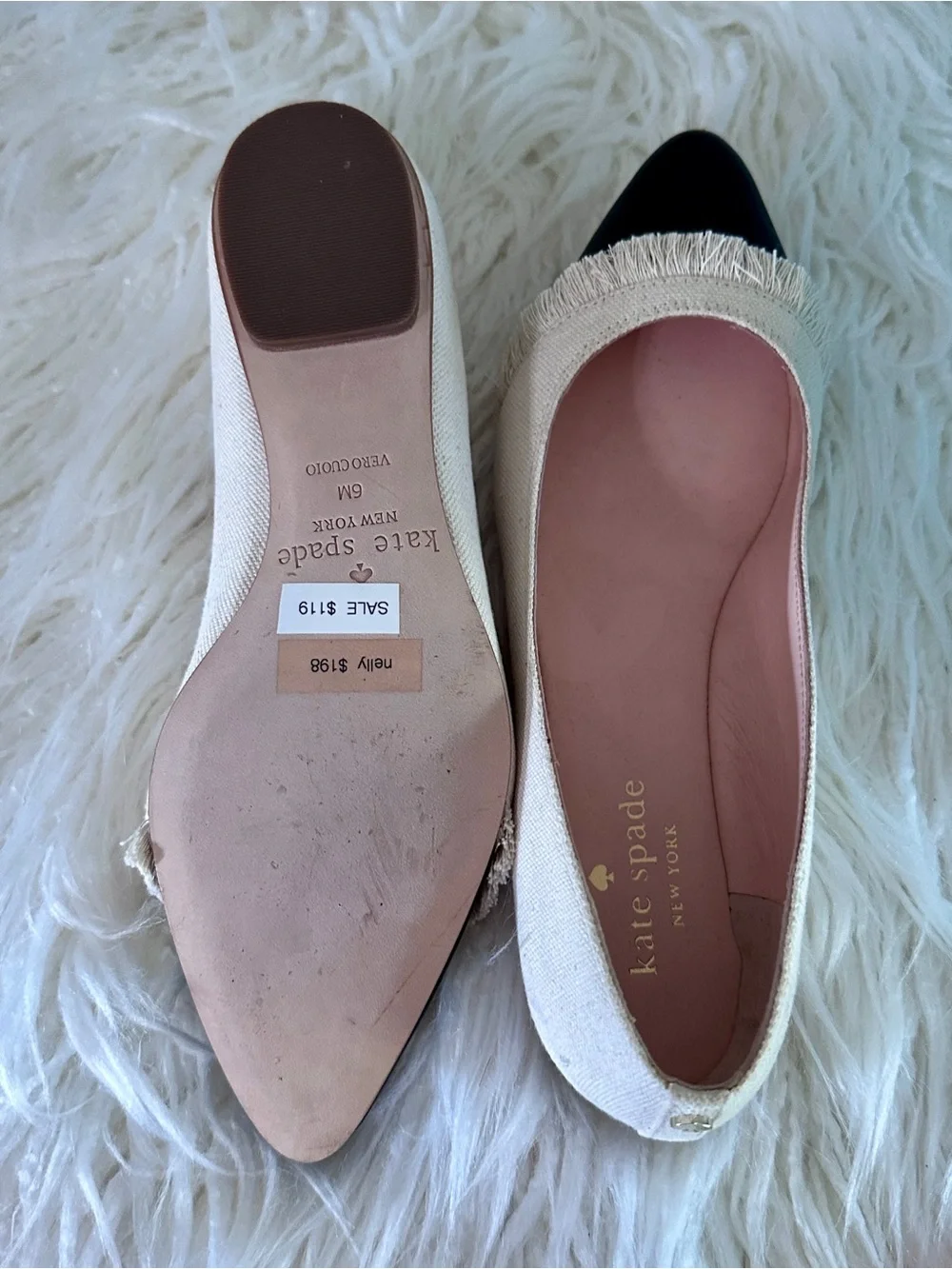 Kate Spade Nelly Ballet Flat Natural Canvas Black Cap Toe Flats Size 6 New